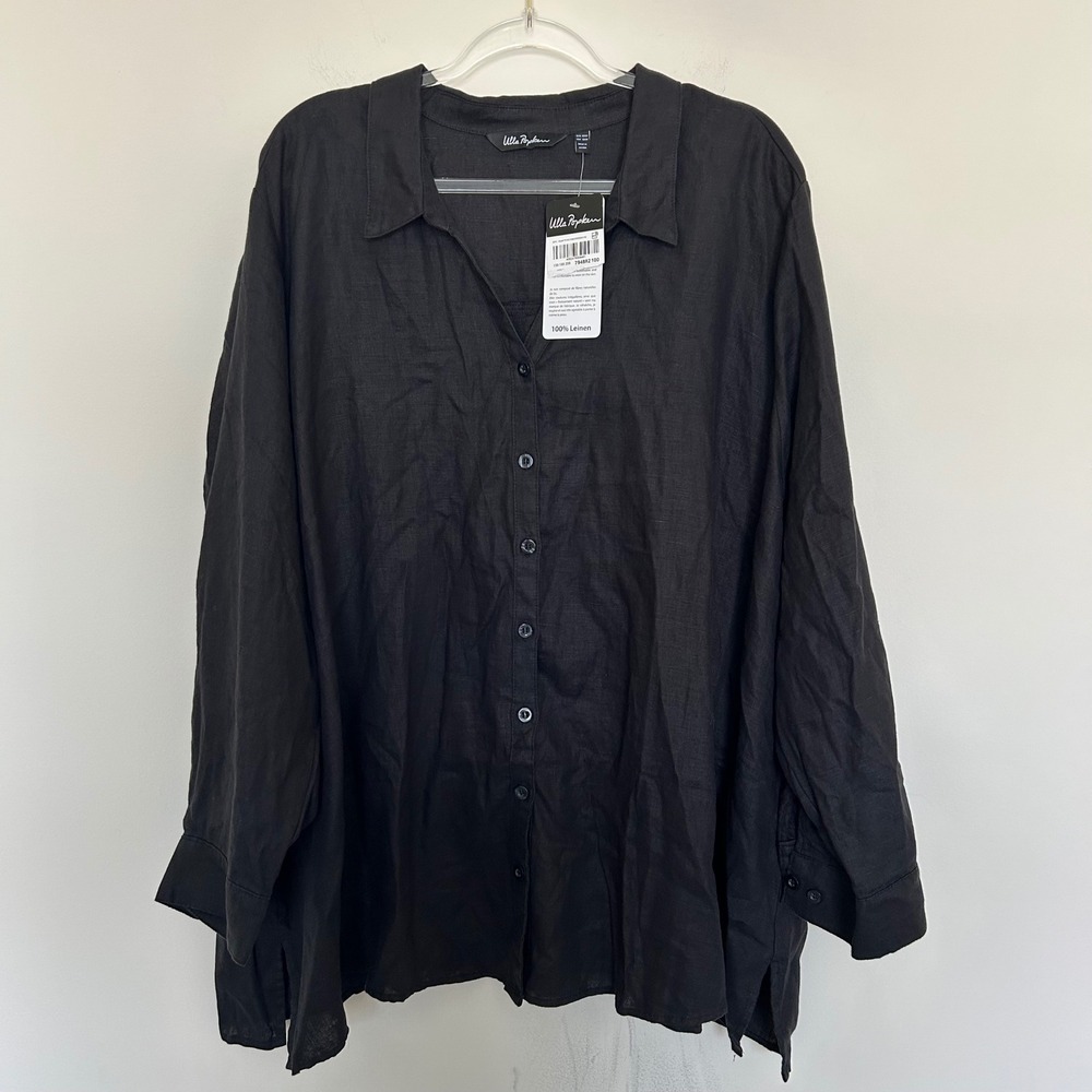Ulla Popken Button Down Shirt Black Size US 32/34 100% Linen Roll Tab Sleeve